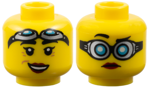 [P 3626pb1283 (Yellow)] Minifigure, Head Dual Sided Female Red Lips, Goggles, Closed Mouth / Open Mouth Smile Pattern (Christina Hydron)