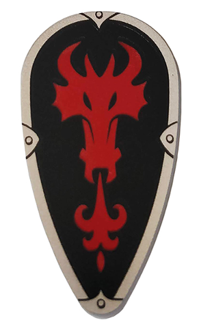 Minifigure, Shield Ovoid with Red Fire Breathing Dragon Head on Black Background Pattern