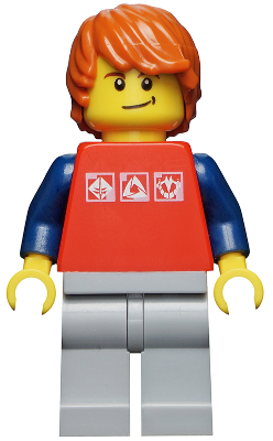 Red Shirt with 3 Silver Logos, Dark Blue Arms, Light Bluish-Gray Legs, Dark Orange Hair