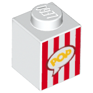 Brick 1 x 1 with Red Vertical Stripes and Yellow 'POP' in Speech Bubble (Popcorn Box) Pattern
