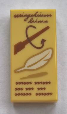 Tile 1 x 2 with Groove with Reddish Brown 'Wingardium Leviosa' and Wand and White Feather Pattern