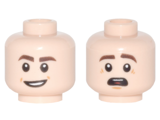 Minifigure, Head Dual Sided Dark Brown Eyebrows, Open Mouth Smile / Raised Eyebrows, Open Mouth with Red Tongue Apprehensive Pattern - Hollow Stud