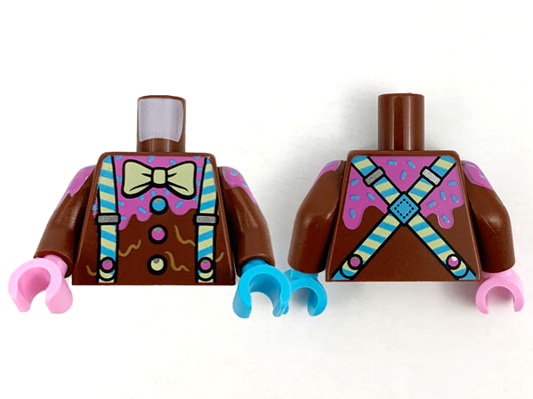 Torso Bow Tie and Suspenders Pattern / Reddish Brown Arms with Topping and Sprinkles Pattern / Medium Azure Hand Left / Bright Pink Hand Right