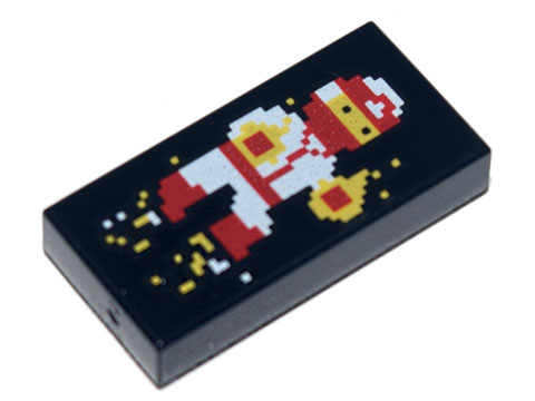 Tile 1 x 2 with Groove with Pixelated Red and White Ninja with Hands on Fire Pattern