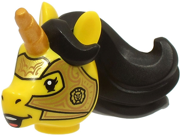 Minifigure, Head, Modified Unicorn with Molded Black Mane and Printed Gold Horn and Armor with Copper Lines Pattern (BAM)