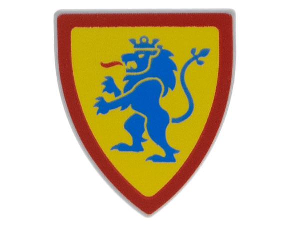 Minifigure, Shield Triangular  with Blue Lion Standing with Raised Foot on Yellow Background with Red Border Pattern