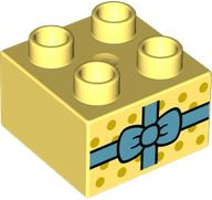 Duplo, Brick 2 x 2 with Present / Gift with Medium Azure Ribbon with Bow and Yellow Polka Dots Pattern