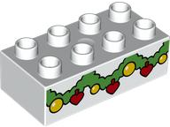 Duplo, Brick 2 x 4 with Green Christmas Garland with Yellow Balls and Red Hearts Pattern