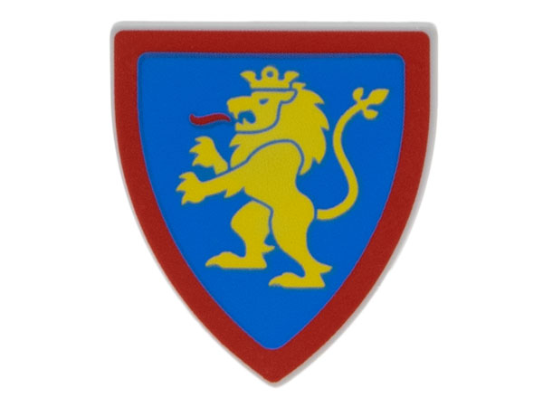 Minifigure, Shield Triangular  with Yellow Lion Standing with Raised Foot on Blue Background with Red Border Pattern