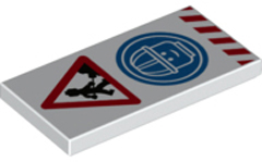 Tile 2 x 4 with Minifigure Worker with Shovel and Pile, Head with Construction Helmet in Blue Circle, and Red Danger Stripes Pattern