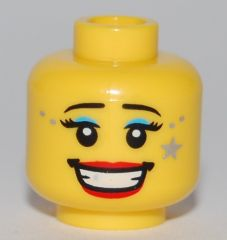 Minifigure, Head Female with Thin Eyebrows, Eyelashes, Light Blue Eye Shadow, Open Mouth Smile Teeth, Red Lips, Gray Star Pattern - Blocked Open Stud