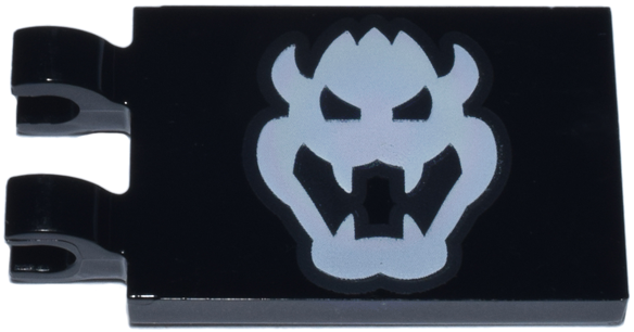 Tile, Modified 2 x 3 with 2 Clips with White Bowser Head Pattern
