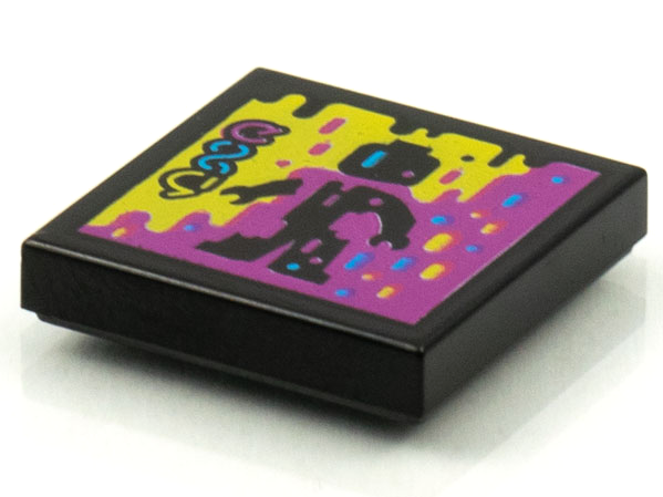 Tile 2 x 2 with Groove with BeatBit Album Cover - Black Minifigure in Yellow and Purple Splotches Pattern