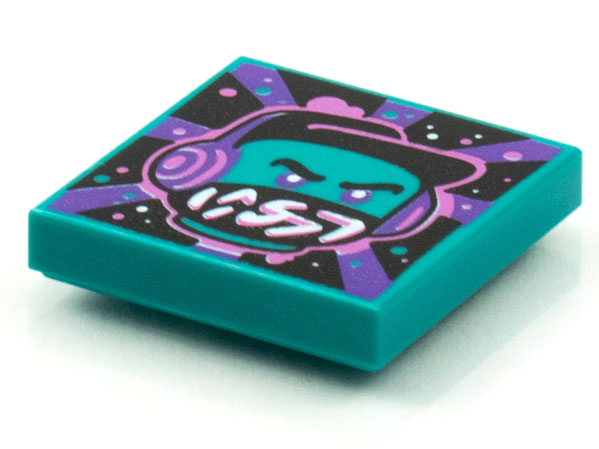 Tile 2 x 2 with Groove with BeatBit Album Cover - Dark Turquoise Minifigure, Black Hat and Dark Purple Headphones Pattern