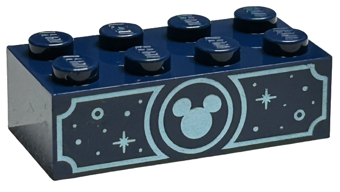 Brick 2 x 4 with Metallic Light Blue Mickey Mouse Head, Circles and Sparkles Pattern on Both Sides