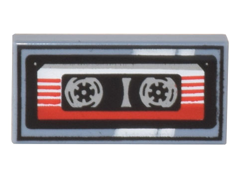 Tile 1 x 2 with Cassette Tape with Red and White Striped Label and Black Frame Pattern