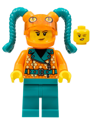 Stuntz Driver - Female, Orange Coat with Scales, Dark Turquoise Legs, Orange Helmet with Tassels, Snake Visor