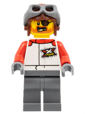 Stuntz Driver - Male, White Racing Jacket with Red Arms, Dark Bluish Gray Legs, Reddish Brown Aviator Cap, Eye Patch