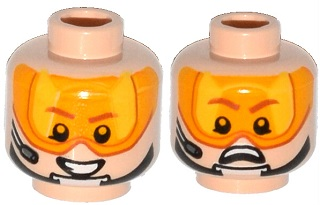 Minifigure, Head Dual Sided Orange Visor, Brown Eyebrows, Chin Strap, Headset, Smile / Scared Pattern