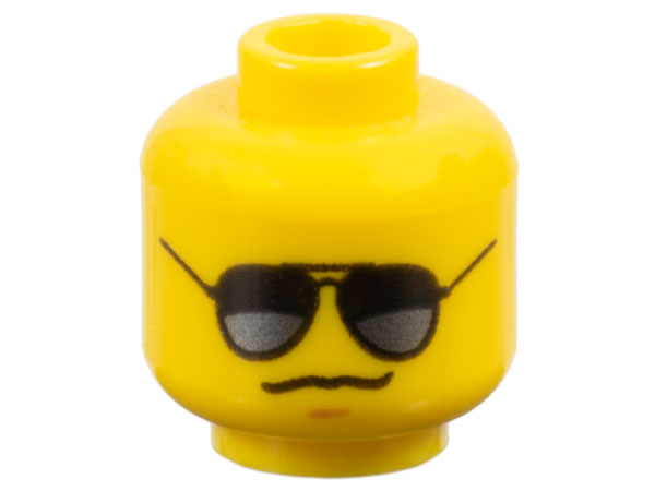 Minifigure, Head Black Sunglasses with Dark Silver Reflections, Medium Nougat Chin Dimple, Grim Smirk Pattern