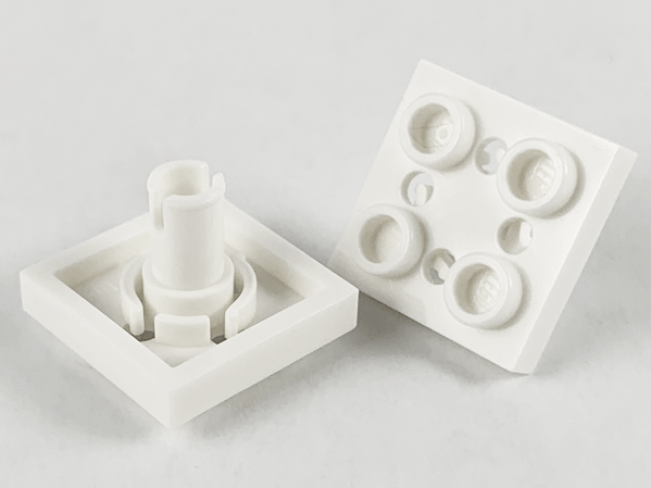 Plate, Modified 2 x 2 with Pin on Bottom, Small Holes in Plate and Locking Fingers on Underside