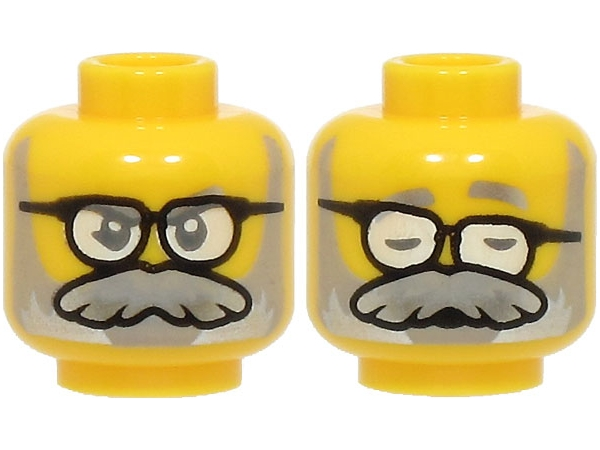 Minifigure, Head Dual Sided Silver Eyebrows, Light Bluish Gray Beard, Moustache, Black Glasses with White Lenses, Open Eyes / Sleeping Pattern (BAM)