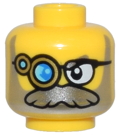 Minifigure, Head Black Glasses, Gold Monocle with Dark Azure and Medium Azure Lens, Clear Left Lens, Silver Beard and Moustache Pattern