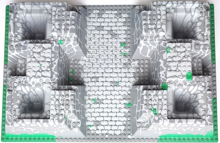 Baseplate, Raised 32 x 48 x 6 with 4 Corner Pits with Dark Bluish Gray and Light Bluish Gray Rock Pattern