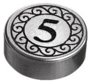 Tile, Round 1 x 1 with Black Number 5 Coin Pattern