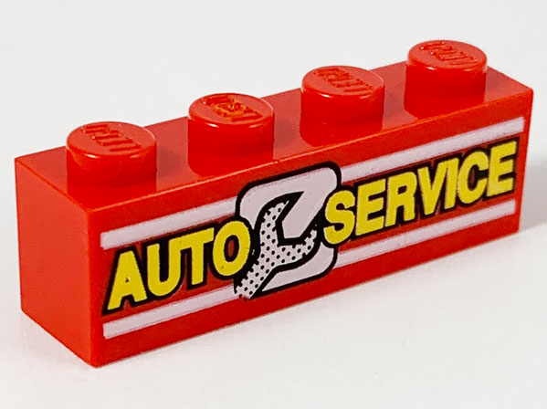 Brick 1 x 4 with Yellow 'AUTO SERVICE', White Lines, and Wrench Pattern