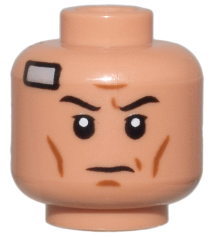 Minifigure, Head Black Eyebrows, Upper Eyelids, Dark Orange Cheek Lines and Chin Dimple, Furrowed Brow, Light Bluish Gray Inhibitor Chip Bandage, Stern Pattern