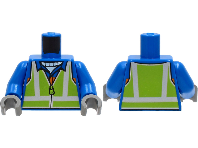 Torso Safety Vest with Silver and Lime Reflective Stripes over Jacket with Orange Stripe Pattern / Blue Arms / Dark Bluish Gray Hands