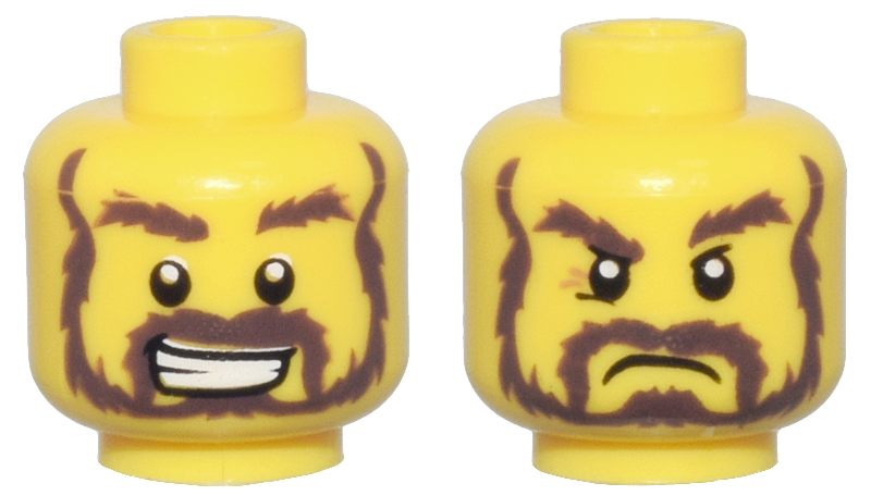 Minifigure, Head Dual Sided Dark Brown Bushy Eyebrows, Moustache and Full Beard, Lopsided Open Mouth Smile with Teeth / Upper Eyelids and Angry Frown Pattern