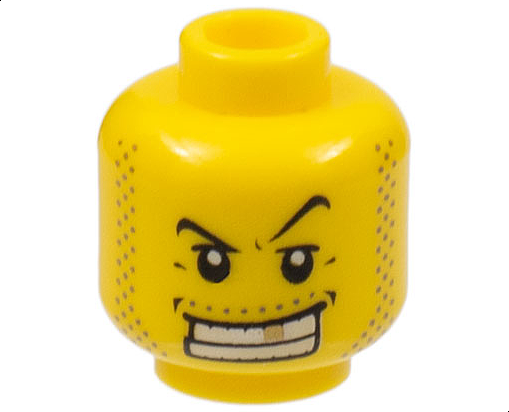 Minifigure, Head Male Black Thin Eyebrows, Upper Eyelids, Moustache and Sideburns Stubble, Wide Open Mouth Smile with Teeth and Gold Tooth Pattern