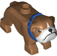 [P 65388pb02 (Medium Nougat)] Dog, Bulldog with Black Eyes, Nose and Mouth, White Muzzle, and Blue Collar Pattern