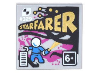 [P 3068bpb0995 (Light Bluish Gray)] Tile 2 x 2 with Groove with '#329', 'STARFARER' and '6+' Pattern