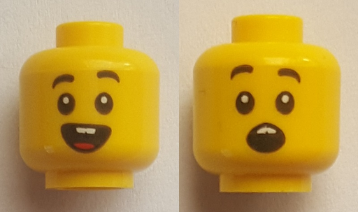 [P 3626cpb2648 (Yellow)] Minifigure, Head Dual Sided Child Black Eyebrows, Open Mouth Smile with Teeth and Tongue / Surprised Pattern - Hollow Stud