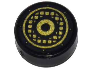 [P 98138pb064 (Black)] Tile, Round 1 x 1 with Gold Concentric Circles and Speaker Grille Pattern