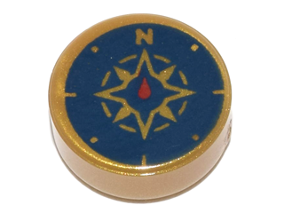 [P 98138pb045 (Pearl Gold)] Tile, Round 1 x 1 with Dark Blue Compass Rose and Red Needle Pattern