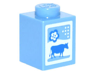 [P 3005pb016 (Medium Blue)] Brick 1 x 1 with Cow and Flower Pattern (Milk Carton)