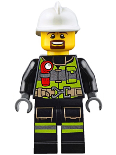 [M cty0635 (No Colour)] Fire - Reflective Stripes with Utility Belt and Flashlight, White Fire Helmet, Brown Moustache and Goatee