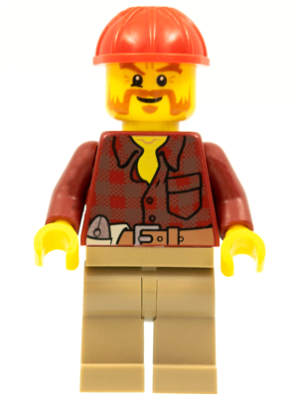 [M cty0467 (No Colour)] Flannel Shirt with Pocket and Belt, Dark Tan Legs, Red Construction Helmet, Beard