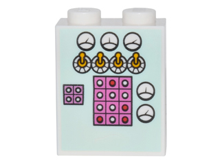 [P 3245cpb048 (White)] Brick 1 x 2 x 2 with Inside Stud Holder with Gauges, Toggle Switches and Buttons on Light Aqua Background Pattern