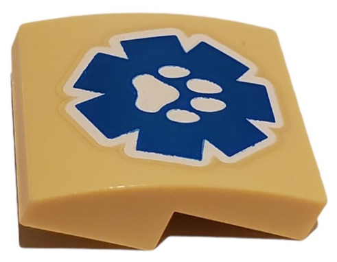 [P 15068pb362 (Tan)] Slope, Curved 2 x 2 x 2/3 with White Paw Print on Blue Wildlife Rescue Logo Pattern