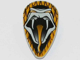 [P 2586px13 (Light Gray)] Minifigure, Shield Ovoid with HP Open Mouth Snake Head with Bright Light Orange Eyes and Tongue Pattern