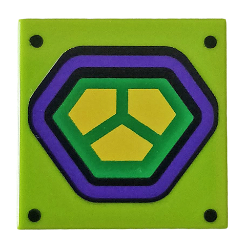 [P 3068bpb0998 (Lime)] Tile 2 x 2 with Groove with Dark Purple and Yellow Hexagonal Lex Luthor Power Suit Pattern