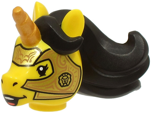 [P 70751pb03 (Yellow)] Minifigure, Head, Modified Unicorn with Molded Black Mane and Printed Gold Horn and Armor with Copper Lines Pattern (BAM)