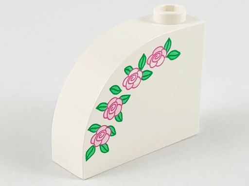 [P 33243px1 (White)] Slope, Curved 3 x 1 x 2 with Stud with Pink Roses and Green Leaves Pattern