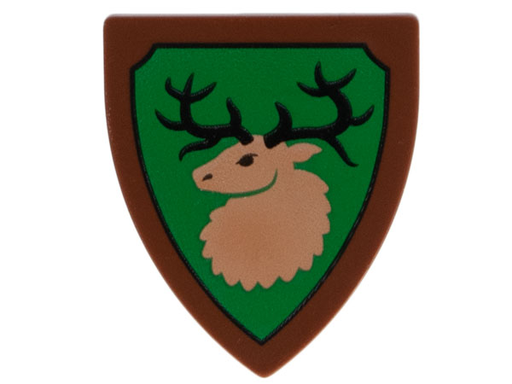 [P 3846pb058 (Reddish Brown)] Minifigure, Shield Triangular  with Forestmen Elk / Deer Head on Green Background with Black Outline Pattern