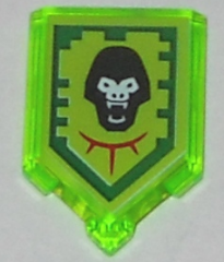 [P 22385pb058 (Trans-Bright Green)] Tile, Modified 2 x 3 Pentagonal with Nexo Power Shield Pattern - Gorilla Roar
